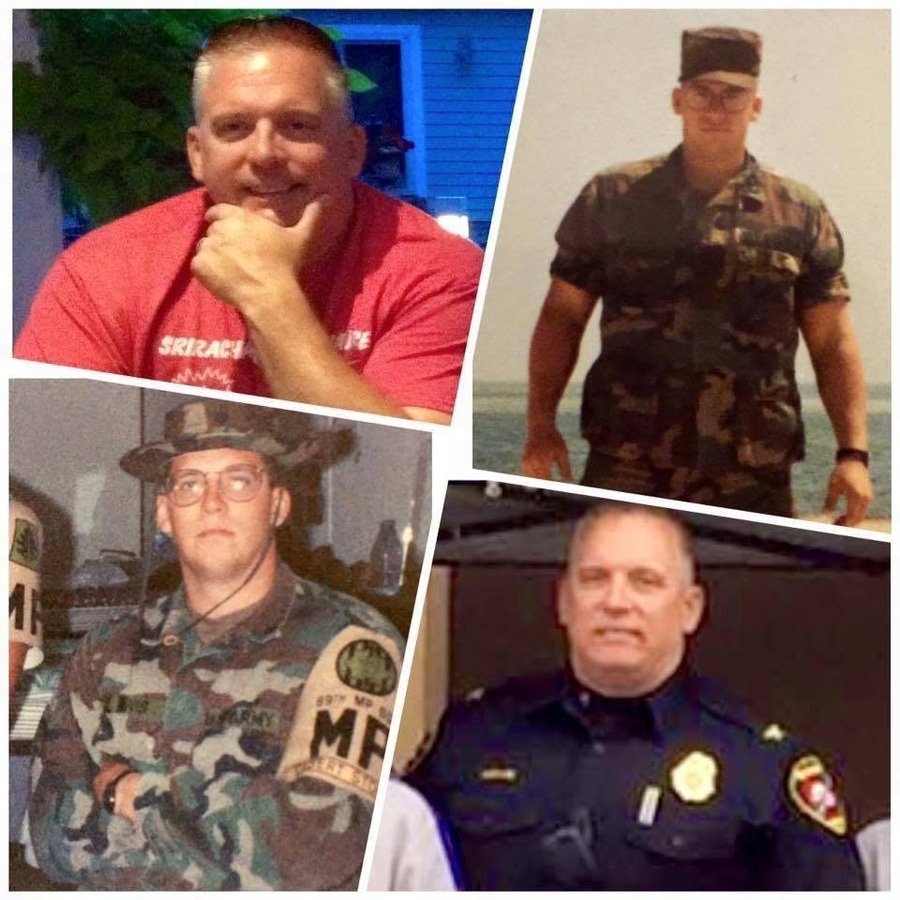 Four chapters of Michael J. Hovis's service, at home in Bazetta, in Army fatigues during the Gulf War era, in military police uniform, and in his Bazetta police chief uniform